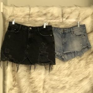 Blue jean shorts, black denim skirt